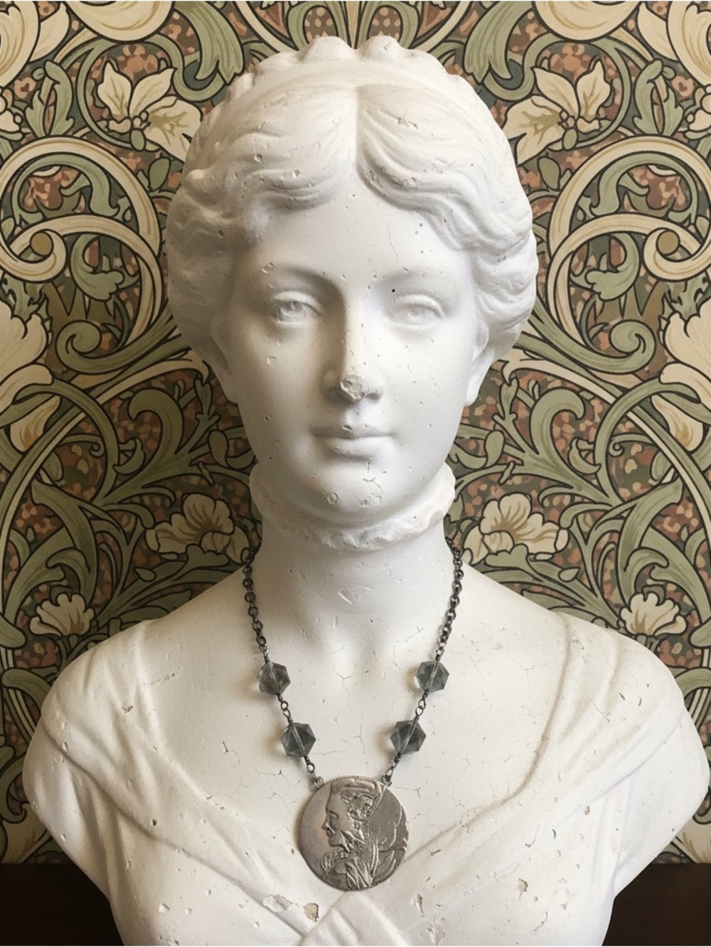 Handmade Art Nouveau Necklace, Victorian Lady Pendant, Gray Crystal Beads